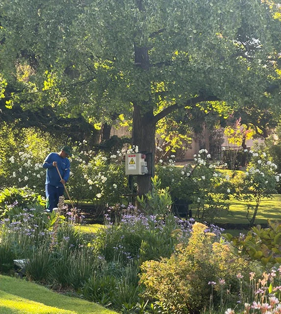 Jardinero manteniendo un jardín con flores y árboles